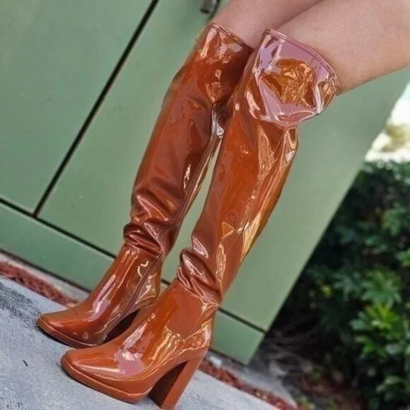 Women's Tan Thigh High Over the Knee Boots Chuncky Heel - Picture 2 of 6